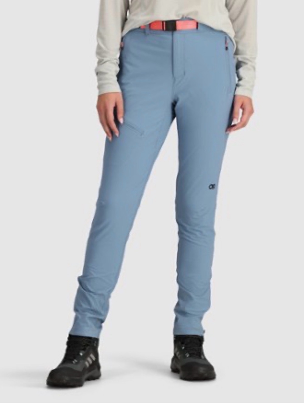 Outdoor Research Women's Track Pants in Light Blue with Coral Belt